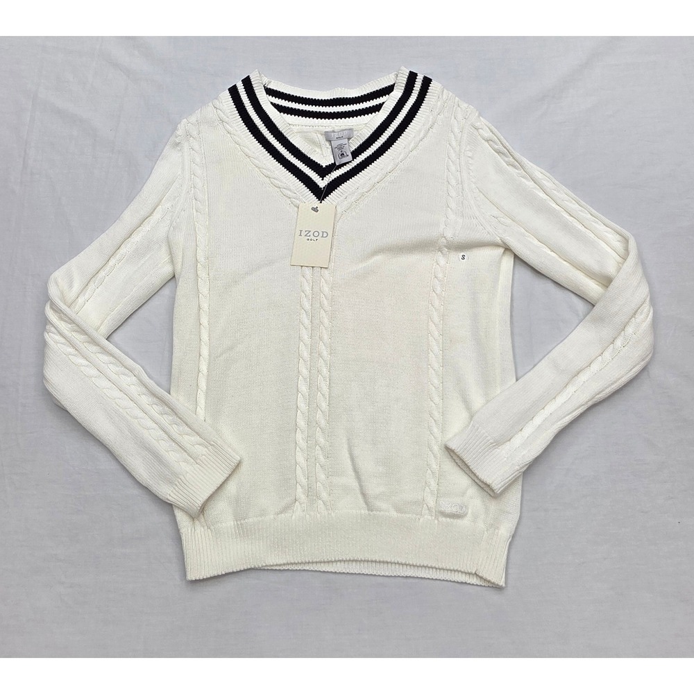 IZOD Womens Size‎ S Small Sweater White Cable Knit V-Neck Golf Preppy Pullover